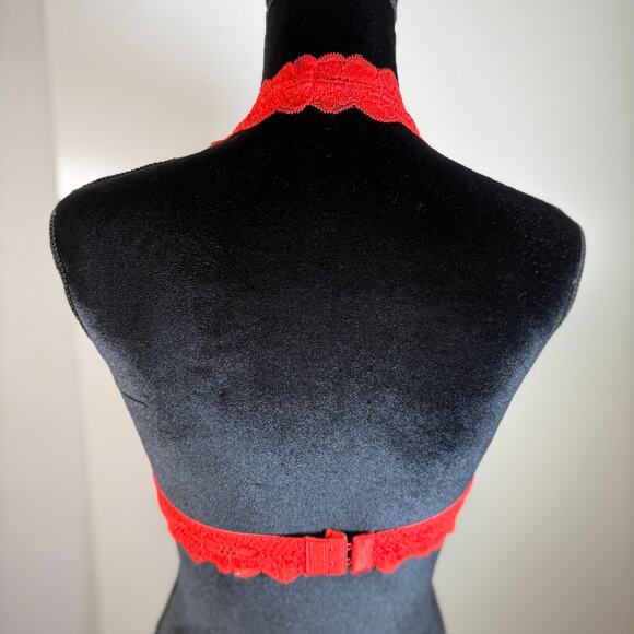 Intimately Free People Bralette Medium Red Lace Plunge Halter Longline Stretch - Picture 2 of 14